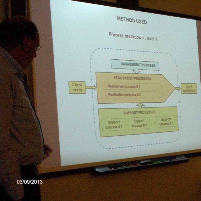 Antoine Despujols (FR) , Convenor CEN/TC 319, WG 13, presenting the French project about Maintenance processes.<BR>
 left: The chairman Franco Santini (IT).